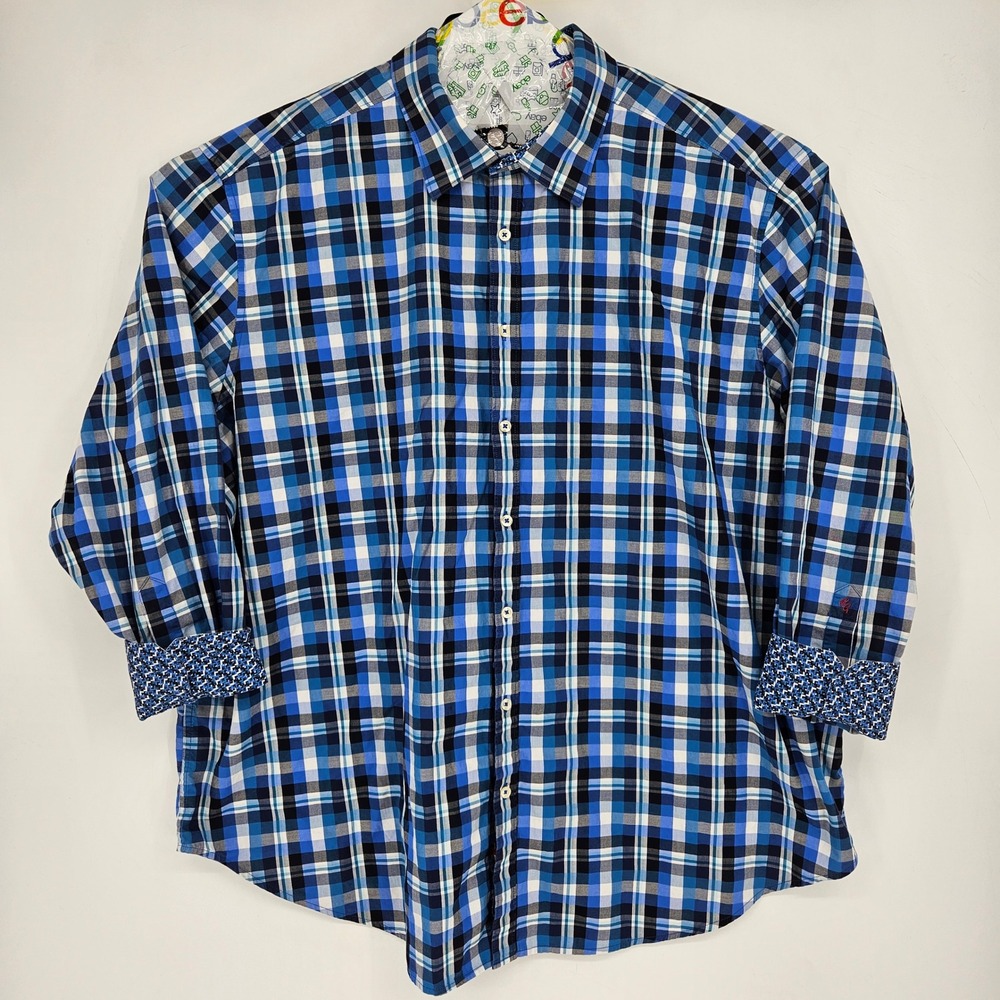 Robert Graham Shirt Mens 4XL Blue Plaid Button Up Flip Cuff Long Sleeve